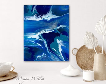Modern Metallic Enamel Abstract Wall Art on Canvas, Original Acrylic Canvas Art, Blue Abstract Painting, Framed and Artist Signed - Hitia'a