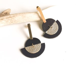 LUNA earrings - Leather and gold-plated stainless steel - Chocolate Brown - gold - moon - Defilenvadrouille - jewelry - handmade