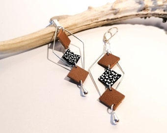 MOZAIK earrings - Leather - Café au lait - Silver-plated brass - Diamonds and small squares - Defilenvadrouille - women's jewelry - handmade