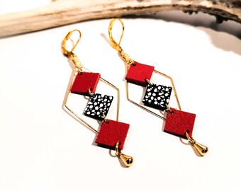MOZAIK earrings - Leather - RED - Gold-plated brass - Diamonds and small squares - Defilenvadrouille - women's jewelry - handmade