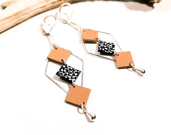 MOZAIK earrings - Leather - Beige - Silver brass - Losanges and small squares - Defilenvadmop - women's jewelry -handmade