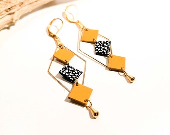 MOZAIK earrings - Leather - Mustard yellow - Golden brass - Losanges and small squares - Defilenvadmop - women's jewelry -handmade