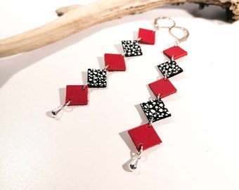 MISA hanging earrings - Red - Leather - silver brass - Defilenvadrouille - handmade jewelry - woman - French craftsmanship