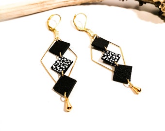 MOZAIK earrings - Leather - Black - gold - Diamonds and small squares - Defilenvadrouille - women's jewelry - handmade