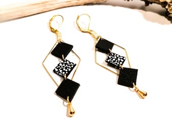 MOZAIK earrings - Leather - Black - gold - Losanges and small squares - Defilenvadrouille - women's jewelry -handmade