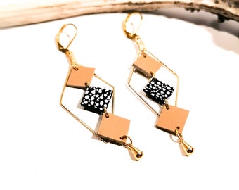 MOZAIK earrings - Leather - Beige - Golden brass - Losanges and small squares - Defilenvadmop - women's jewelry -handmade