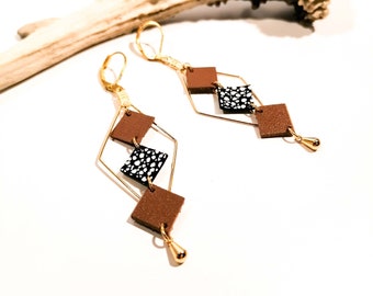 MOZAIK earrings - Leather - Coffee with milk - Gold-plated brass - Diamonds and small squares - Defilenvadrouille - women's jewelry - handmade