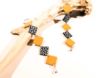 MISA dangling earrings - Mustard yellow - Leather - silver brass - Defilenvadrouille - women's handmade jewelry - French craftsmanship