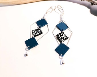 MOZAIK earrings - Leather - Blue - Silver brass - Losanges and small squares - Defilenvadrouille - women's jewelry -handmade