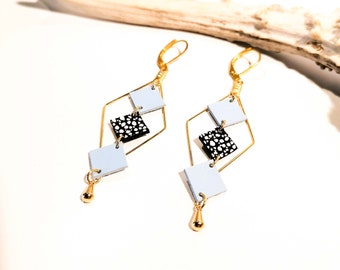 MOZAIK earrings - Leather - Pastel blue - Golden brass - Losanges and small squares - Defilenvadrouille - women's jewelry -handmade