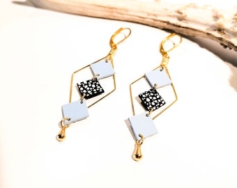 MOZAIK earrings - Leather - Pastel blue - Gold-plated brass - Diamonds and small squares - Defilenvadrouille - women's jewelry - handmade