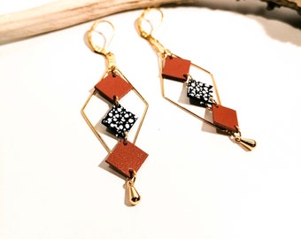 MOZAIK earrings - Leather - Terra cotta - Gold-plated brass - Diamonds and small squares - Defilenvadrouille - women's jewelry - handmade