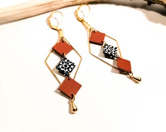 MOZAIK earrings - Leather - Terra cotta - Golden brass - Losanges et petits carré - Defilenvadrouille - women's jewelry - handmade