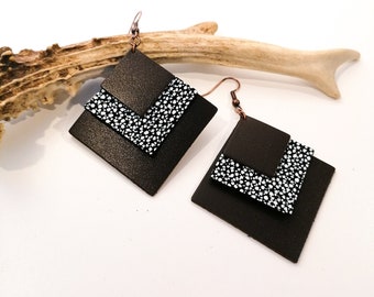 SQUARE earrings - Leather - Chocolate brown - Cracked - Copper brass - Layered leathers - Defilenvadrouille - women - handmade