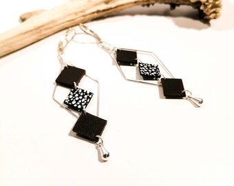 MOZAIK earrings - Leather - Chocolate brown - Silver brass - Losanges and small squares - Defilenvadrouille - handmade