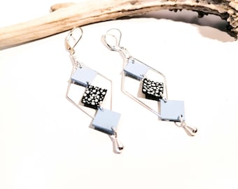 MOZAIK earrings - Leather - Pastel blue - Silver brass - Losanges and small squares - Defilenvadrouille - women's jewelry -handmade