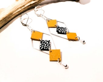 MOZAIK earrings - Leather - Mustard yellow - Silver brass - Losanges and small squares - Defilenvadmop - women's jewelry - handmade