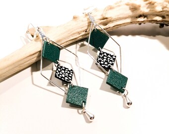 MOZAIK earrings - Leather - Emerald green - Silver-plated brass - Diamonds and small squares - Defilenvadrouille - women's jewelry - handmade