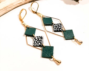 MOZAIK earrings - Leather - Emerald green - gold - Diamonds and small squares - Defilenvadrouille - women's jewelry - handmade