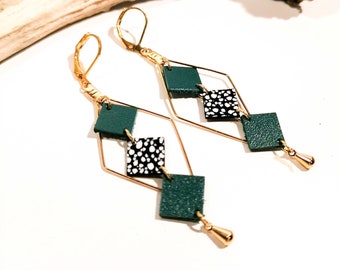 MOZAIK earrings - Leather - Emerald green - gold - Losanges and small squares - Defilenvadrouille - women's jewelry -handmade