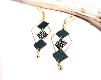 MOZAIK earrings - Leather - Duck blue - Golden brass - Losanges and small squares - Defilenvadrouille - women's jewelry -handmade