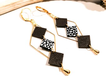 MOZAIK earrings - Leather - Chocolate brown - Gold-plated brass - Diamonds and small squares - Defilenvadrouille - handmade
