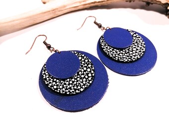 CIRCLE Earrings - Leather - Purple - Cracked - Copper Brass - Layered - Defilenvadrouille - Electric Purple - Handmade