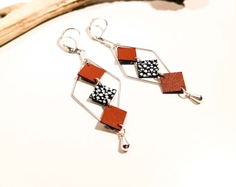MOZAIK earrings - Leather - Terra cotta - Silver brass - Losanges et petits carré - Defilenvadmop - women's jewelry - handmade