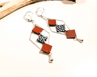 MOZAIK earrings - Leather - Terra cotta - Silver-plated brass - Diamonds and small squares - Defilenvadrouille - women's jewelry - handmade