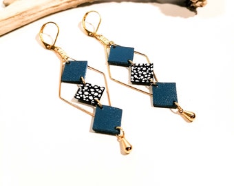 MOZAIK earrings - Leather - Blue - Gold-plated brass - Diamonds and small squares - Defilenvadrouille - women's jewelry - handmade