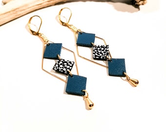 MOZAIK earrings - Leather - Blue - Golden brass - Losanges and small squares - Defilenvadrouille - women's jewelry -handmade