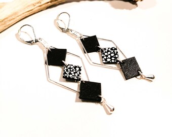 MOZAIK earrings - Leather - Black - Silver-plated brass - Diamonds and small squares - Defilenvadrouille - women's jewelry - handmade