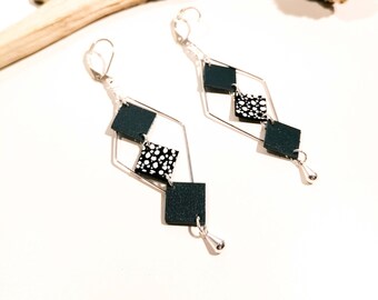 MOZAIK earrings - Leather - Duck blue - Silver brass - Losanges and small squares - Defilenvadrouille - women's jewelry -handmade