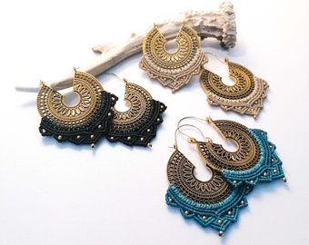 Brass and macramé earrings - mandala - Defilenvadrouille - plugs - spacers - Alternative ethnic jewelry - gold