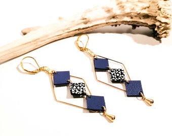 MOZAIK earrings - Leather - Electric purple - Golden brass - Losanges and small squares - Defilenvadrouille -handmade