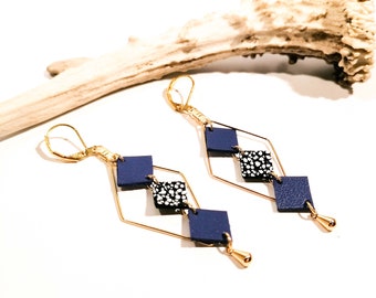 MOZAIK earrings - Leather - Electric purple - Gold-plated brass - Diamonds and small squares - Defilenvadrouille - handmade
