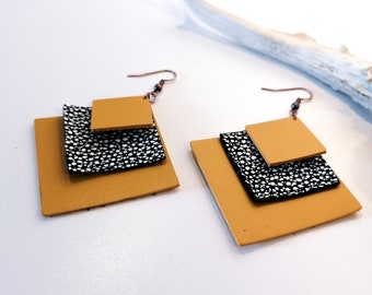 SQUARE earrings- Leather - Mustard yellow - Cracked - Copper brass - Layered leathers - Defilenvadrouille - women - handmade