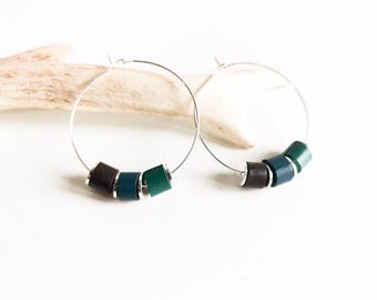 Earrings - Small TIKI Hoops - Leather and Silver-Plated Brass Beads - Brown - Duck Blue - Green - Heishi - Defilenvadrouille