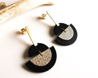 LUNA earrings - Leather and gold-plated stainless steel - Black - gold - half moon - Defilenvadrouille - women's jewelry - handmade