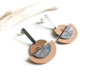 LUNA earrings - Leather and stainless steel - Beige - silver - half moon - Defilenvadrouille - women's jewelry - handmade