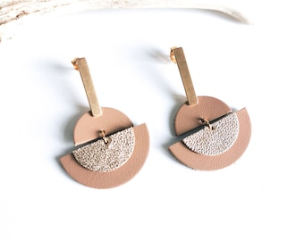 LUNA earrings - Leather and gold-plated stainless steel - Beige - Half moon - Defilenvadrouille - women's jewelry - handmade