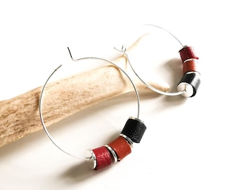 Earrings - Small TIKI Hoops - Leather and Silver-Plated Brass Beads - Black - Terra Cotta - Bordeaux - Heishi - Defilenvadrouille