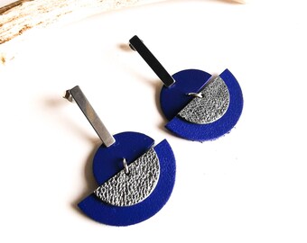 LUNA earrings - Leather and stainless steel - Purple - electric purple - silver - half moon - Defilenvadrouille - jewelry - handmade