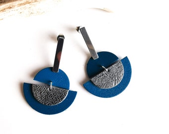 LUNA earrings - Leather and stainless steel - Blue - silver - half moon - Defilenvadrouille - women's jewelry - handmade
