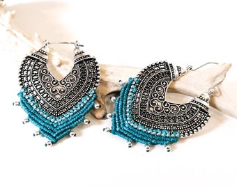 Brass/macrame earrings - oriental - Defilenvadrouille - plugs - spacers - Alternative ethnic jewelry - turquoise blue - silver