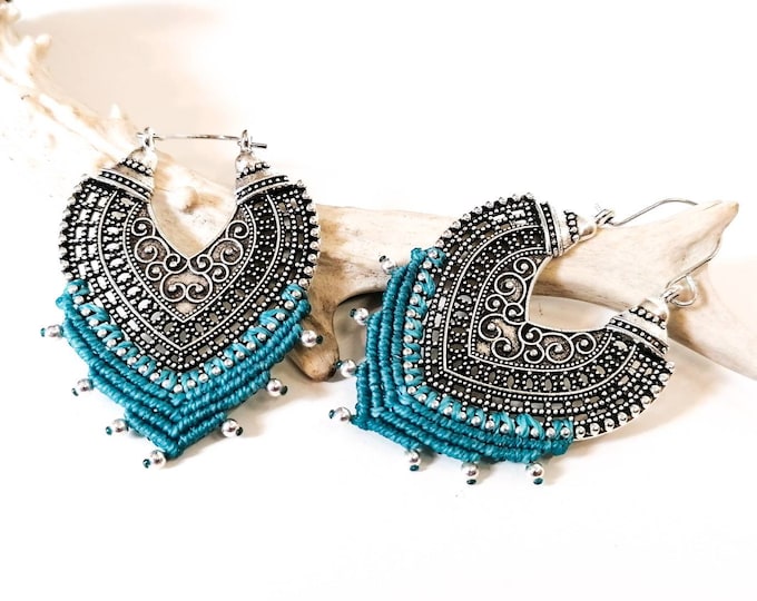Featured listing image: Brass/macrame earrings - oriental - Defilenvadrouille - plugs - spacers - Alternative ethnic jewelry - turquoise blue - silver