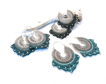 Brass and macrame earrings - mandala - Defilenvadrouille - plugs - spacers - Alternative ethnic jewelry - silver