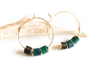 Earrings - Little TIKI Creoles - Leather and Gold Brass Beads - Brown - Duck Blue - Emerald Green - Heishi - Defilenvadrouille