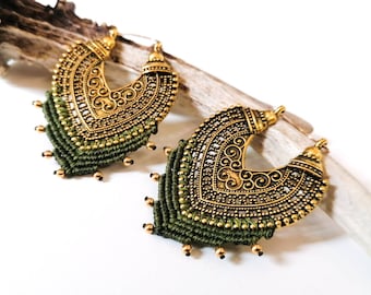 Brass/macramé earrings - oriental - Defilenvadrouille - plugs - spacers - Alternative ethnic jewelry - khaki green - gold