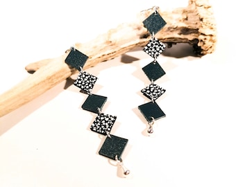 MISA dangling earrings - Duck blue - Leather - silver-plated brass - Defilenvadrouille - handmade jewelry - lightweight - French craftsmanship
